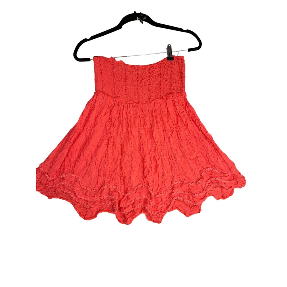 Intimately Free‎ People Smocked Eyelet Mini Skirt Coral Red Boho Ruffle Womens S